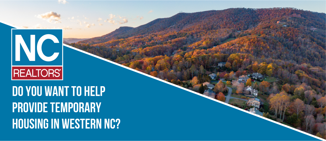 Image of mountain community with text "Do you want to help provide temporary housing in western NC?"